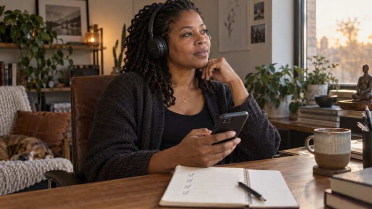 Adult testing an audio meditation session in a quiet home workspace