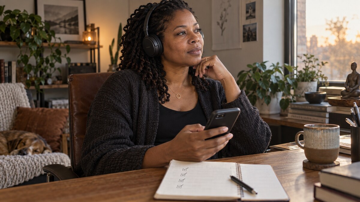 Adult testing an audio meditation session in a quiet home workspace