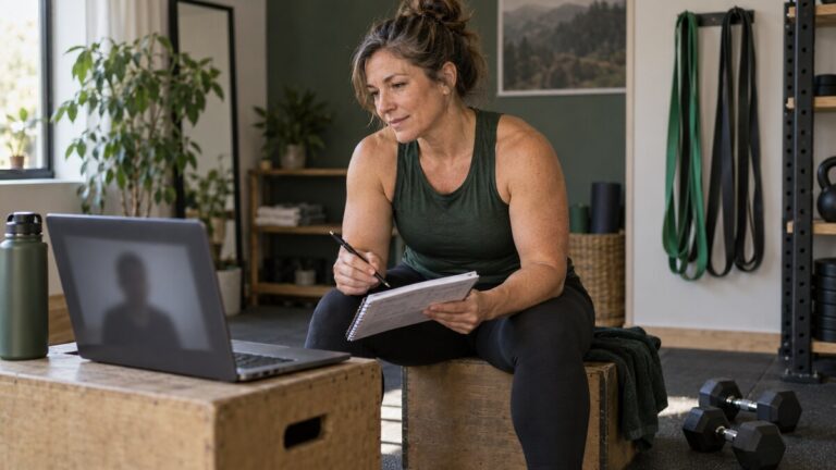 Midlife coach reviewing a strength plan with a client during an online session