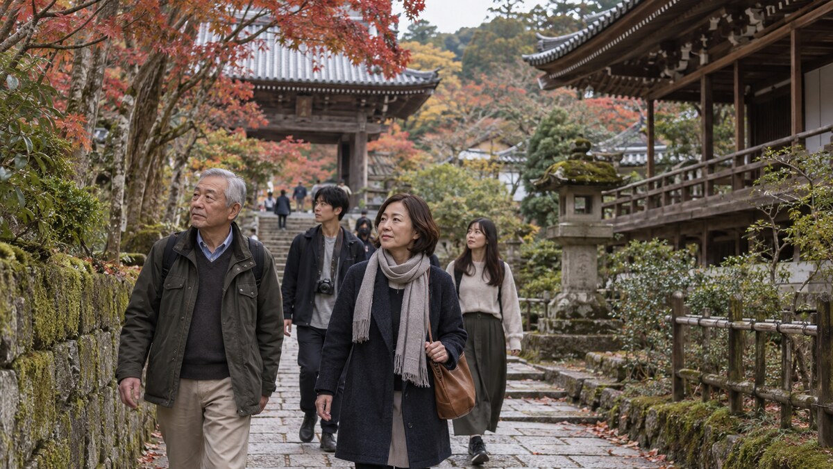 Small contemplative group walking through a leafy temple district in Kamakura