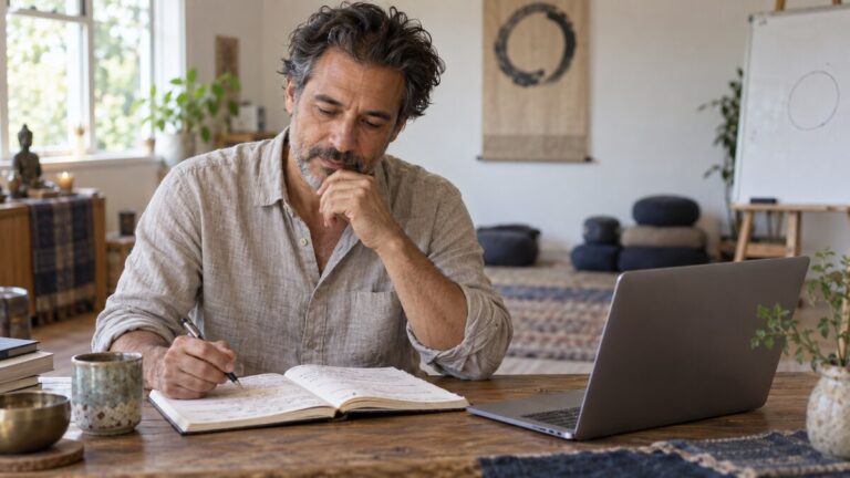 Mindfulness teacher reviewing lesson notes beside a laptop in a quiet studio