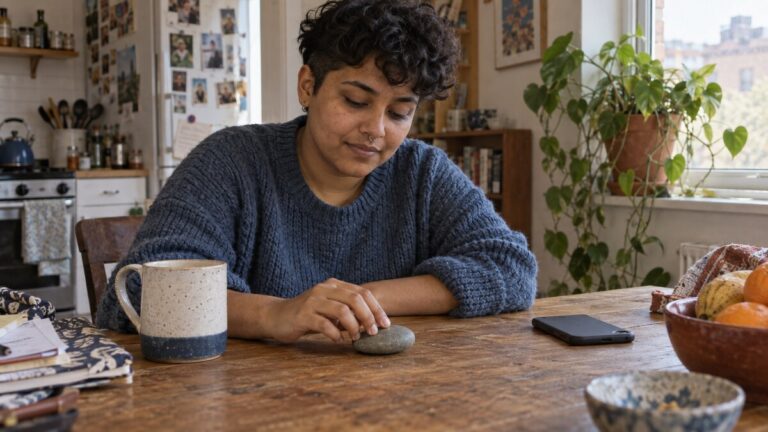 Neurodivergent adult completing a brief grounding activity at a kitchen table